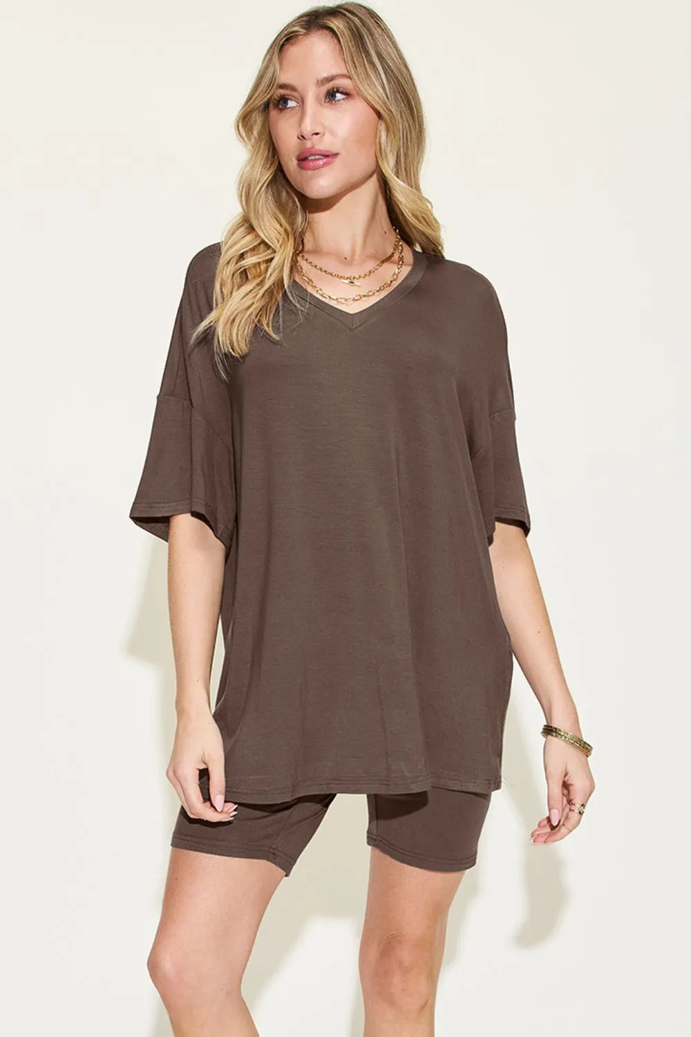 Basic Bae Full Size V-Neck Drop Shoulder T-Shirt and Shorts Set Chocolate c1d6733a-3ed5-4ed9-89fc-2be71dbf5de5-Max