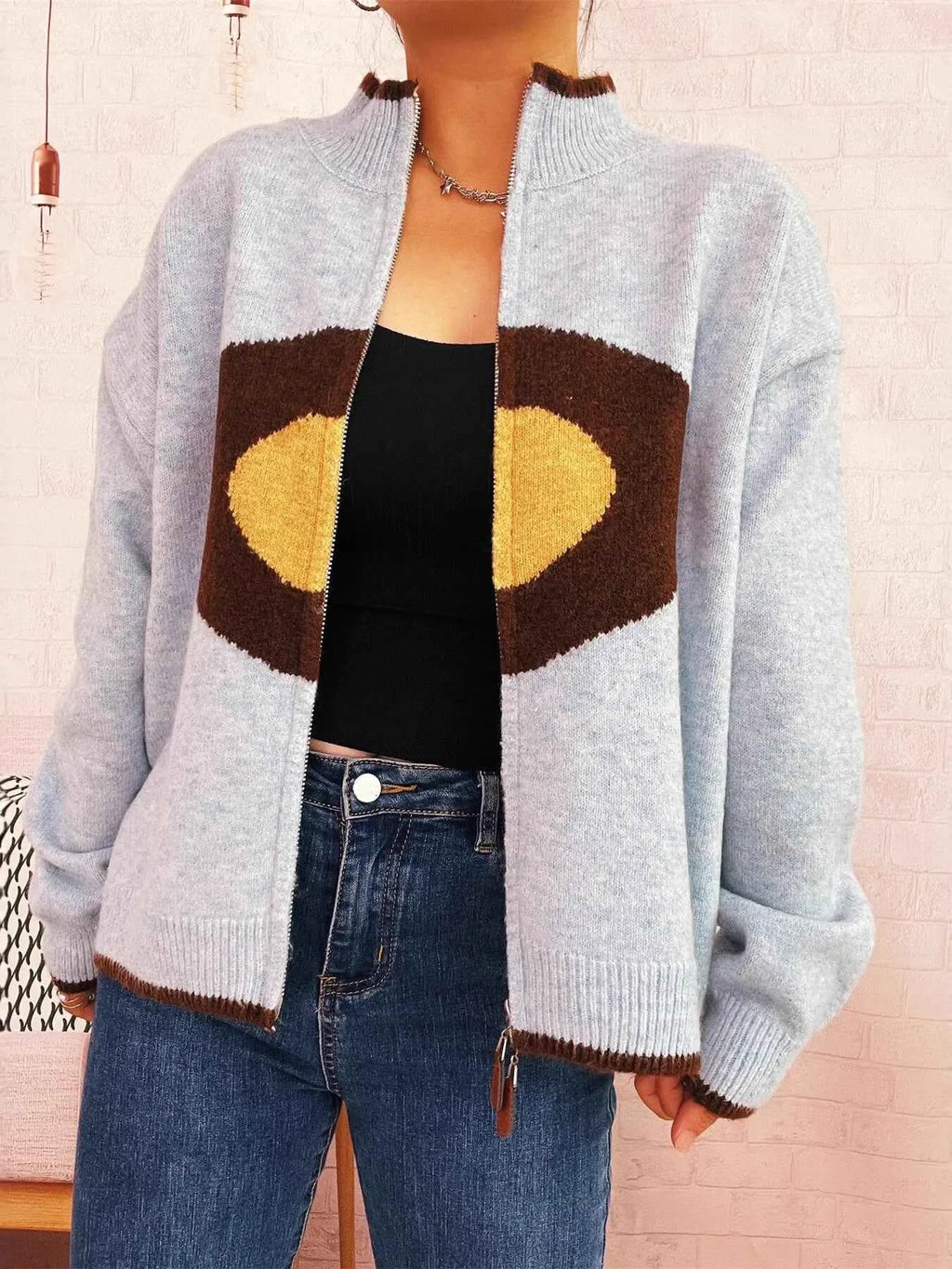 Zip-Up Contrast Trim Cardigan c1d824a1d271445e808fdb92d99d90af-Max-Origin
