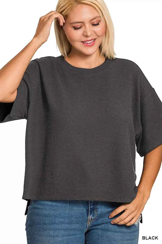 Full Size Double Knit Side Slits Hi Low Short Sleeve Top Plus Size c1e76025-a57d-4caa-91a7-13b46d93b34d-Max-Origin