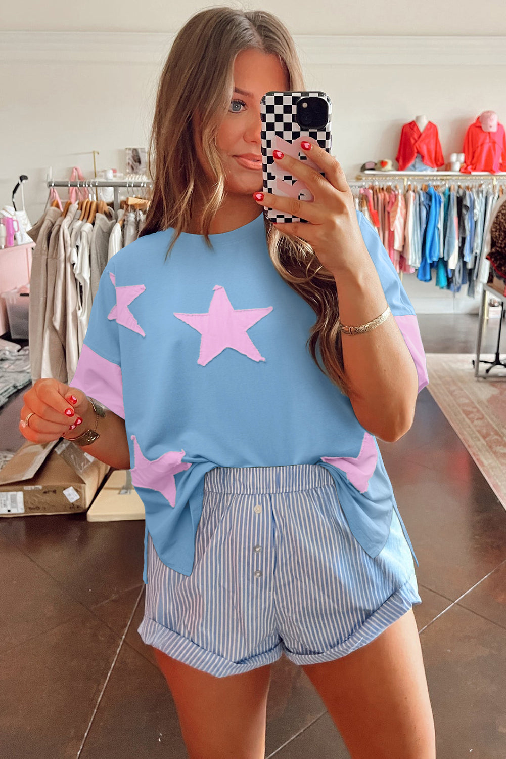 Myosotis Frayed Star Patched 4th of July Oversize T Shirt c1eebe4d9a048c20