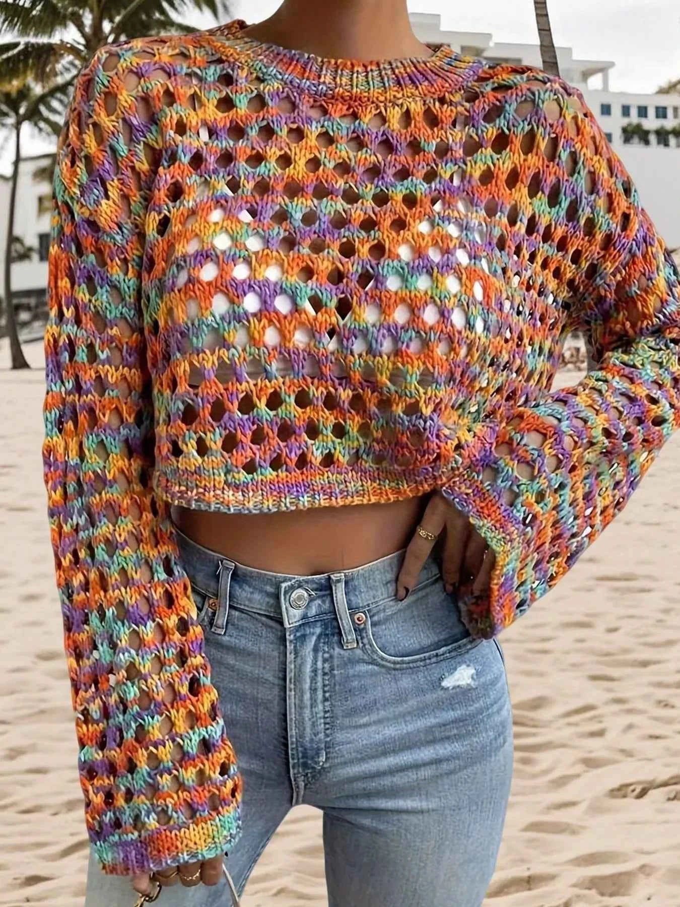 Rainbow Crochet Hollow Out Cropped Sweater