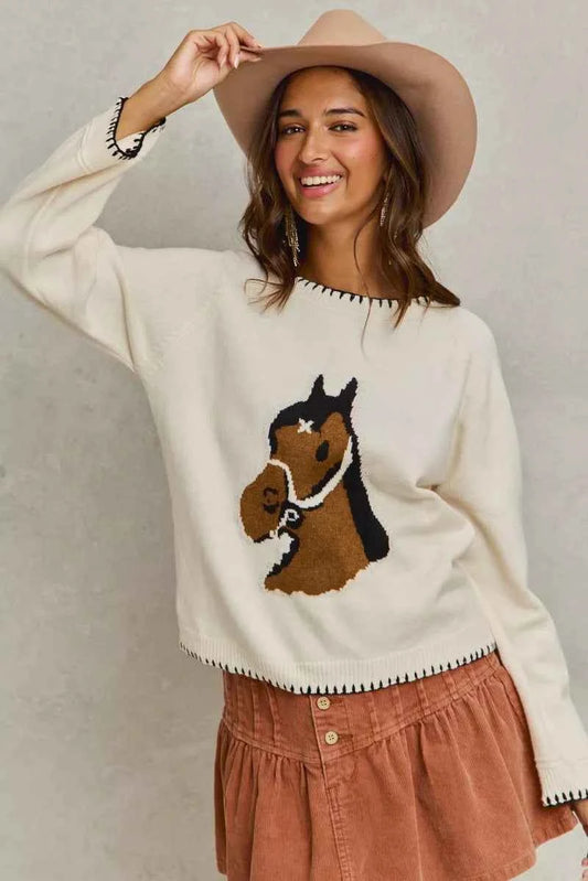 Horse Knit Sweater Top with Blanket Stitch c1f21c5d58f2493b8b7c12d028ff7382-Max-Origin