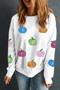 White Colorful Pumpkin Sequin Patched Drop Shoulder Sweatshirt White 50%Polyester+50%Cotton c1f3ffe75470e5b1