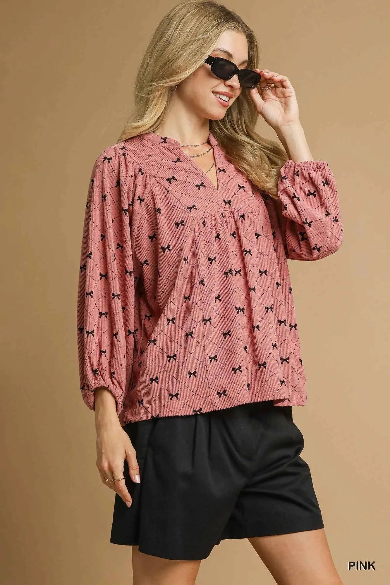 Umgee Corduroy Bow Print Balloon Sleeve Blouse c1fa56e7-76e4-4f92-97af-bef0954f5d08-Max-Origin