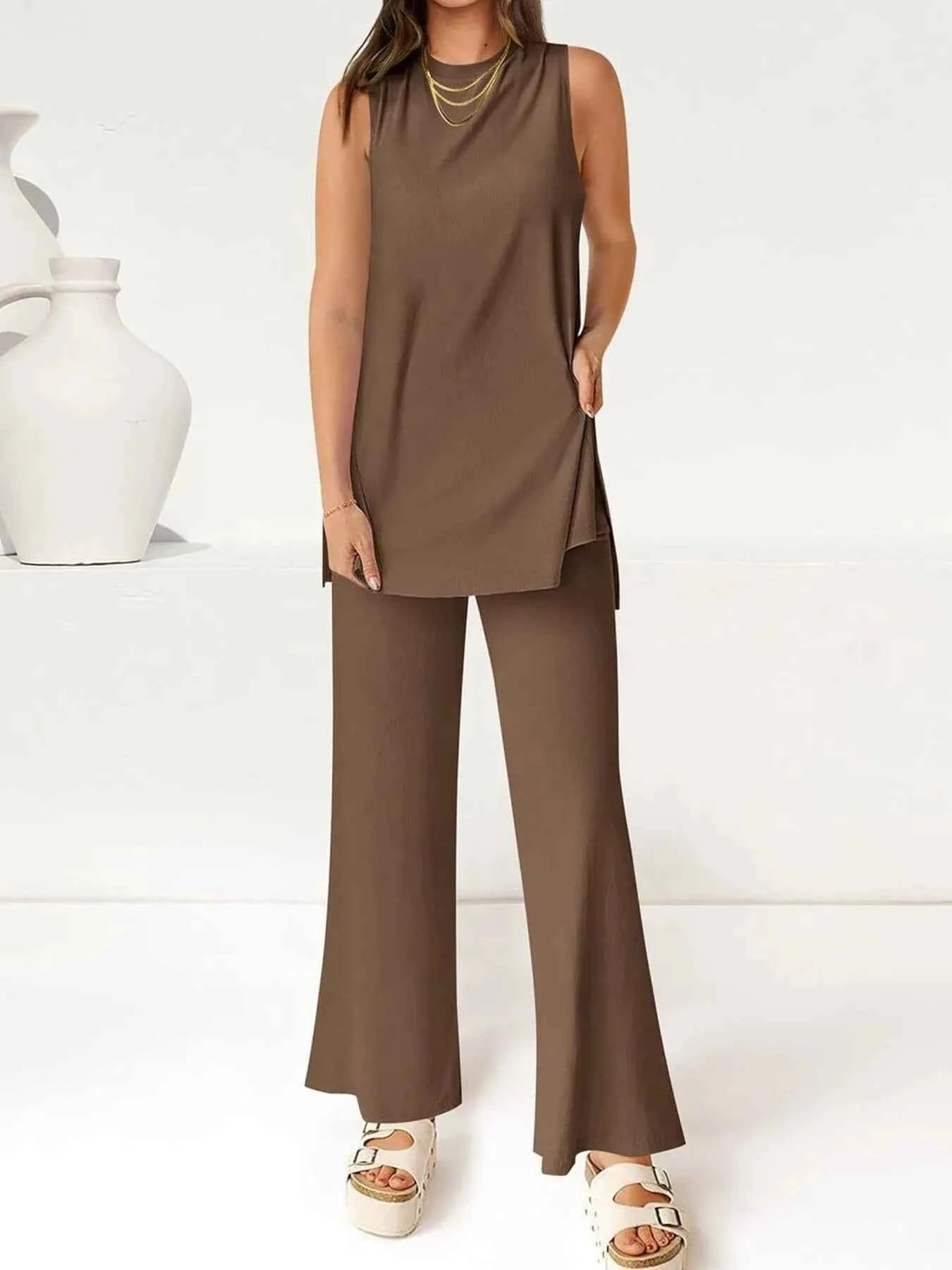 Round Neck Tank and Pants Set Khaki c2006097b23447cab3e4350dc0bf3716-Max-Origin