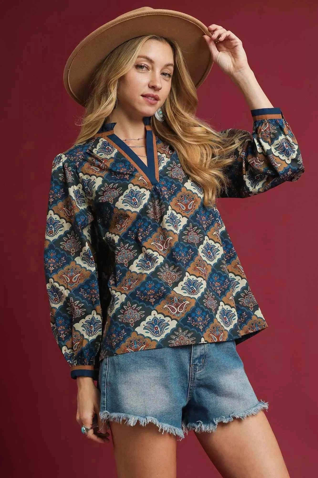 Umgee Abstract Print Ruffle Neck Top c2080e1e-2a64-4353-9e94-7bb946463b75-Max-Origin