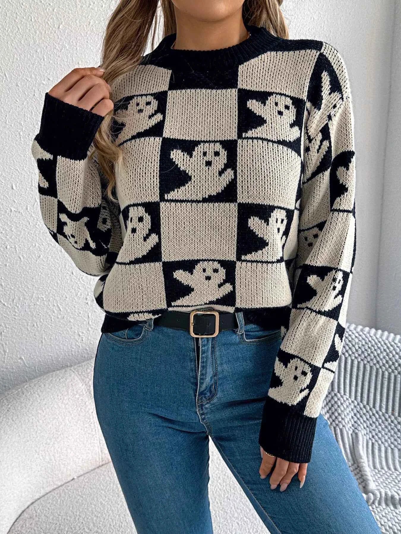 Halloween Ghost Pattern Checkered Round Neck Sweater c2092144f14d4e6c92c015df46c10c68-Max-Origin