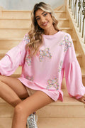 Light Pink Sweet Bow Lantern Sleeve Oversized Pullover Sweatshirt Light Pink 65%Polyester+35%Cotton c20a956b578c59fd