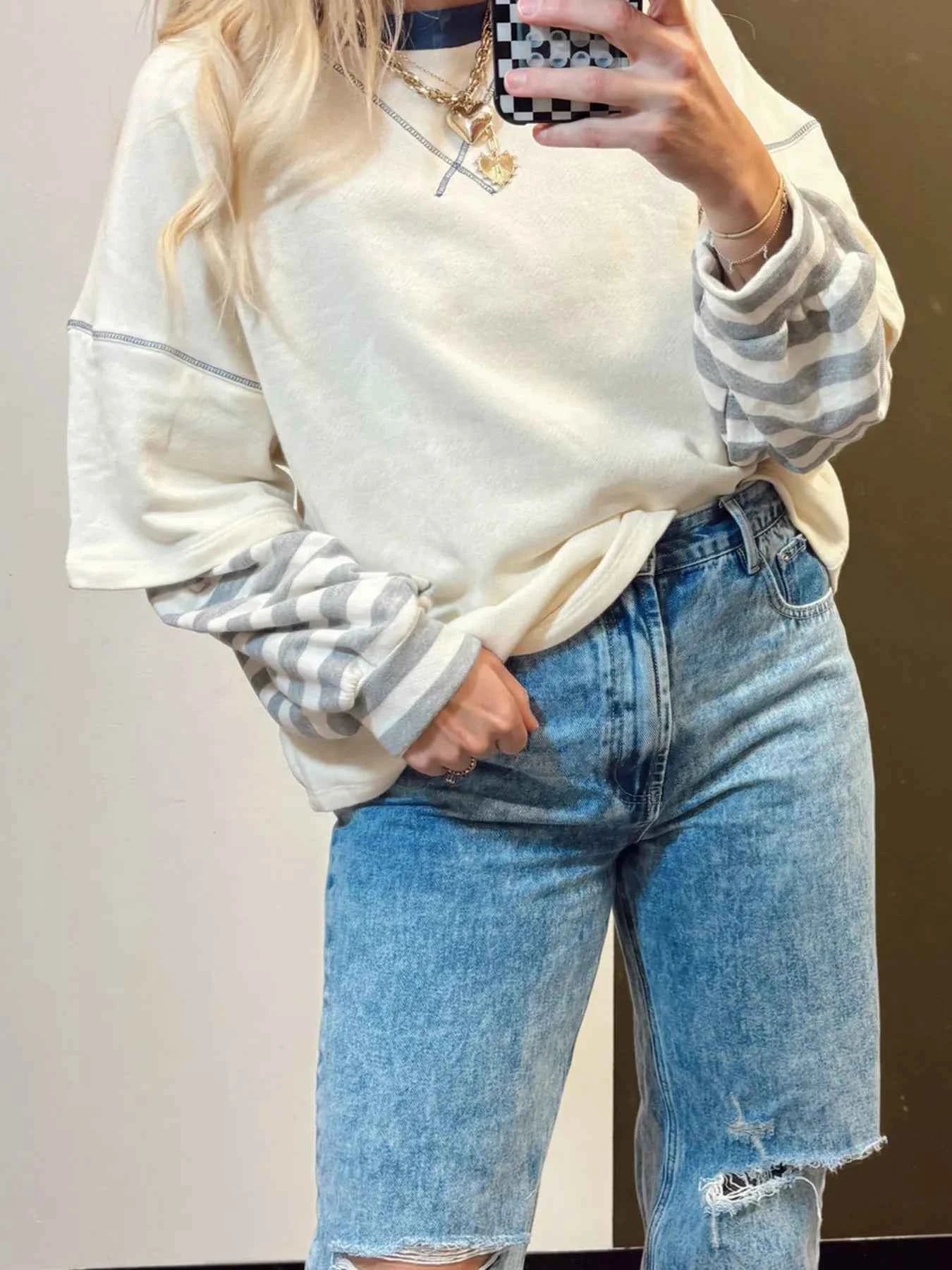 Striped Patchwork Long Sleeve Round Neck Two-in-one Top Cream c20abaca5ad74926822bc6f7742afa93-Max-Origin