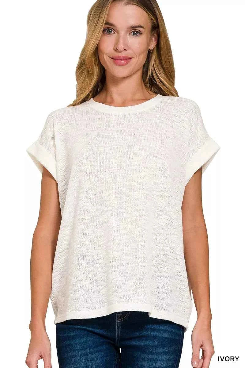Zenana Hacci Slub Rolled Up Sleeve Tee IVORY c20f490b7c2341439a4c0a1841d5ea09-Max-Origin