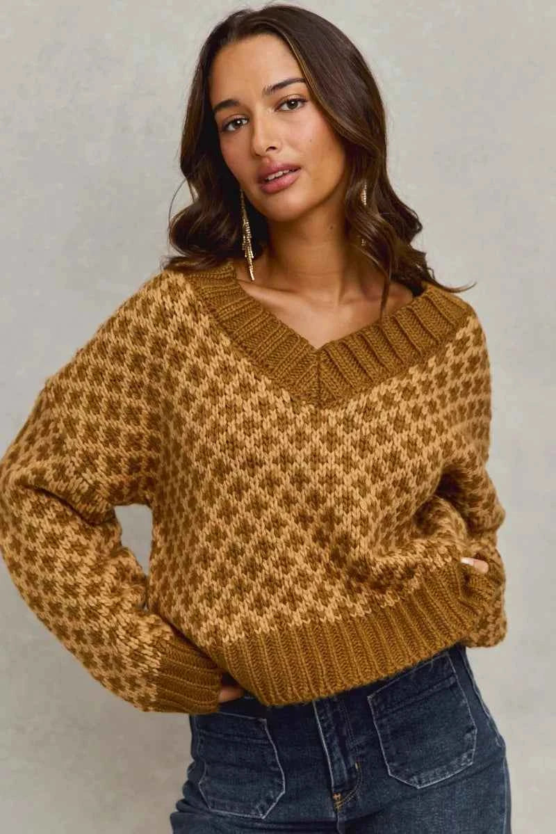 Color Block Textured Christmas Sweater V Neck Top c2117672735c47ff8665fd8fe6ba3aa8-Max-Origin