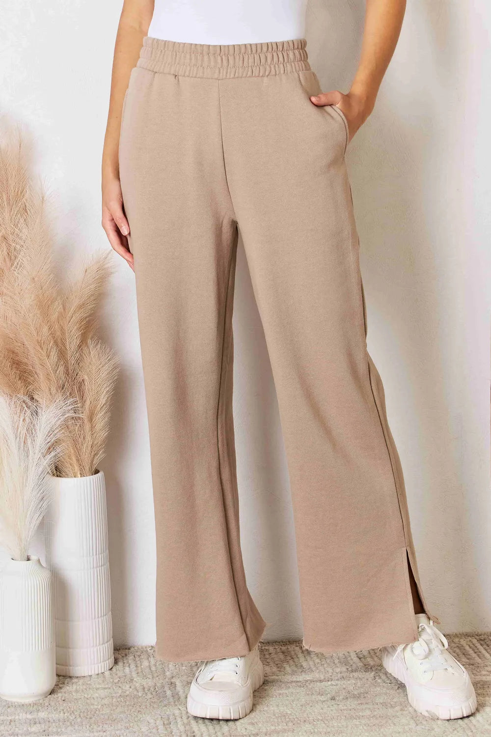 RISEN Wide Waistband Slit Wide Leg Pants Tan c21570ca-3f8c-4297-ad3c-e7c818b4ff14-Max