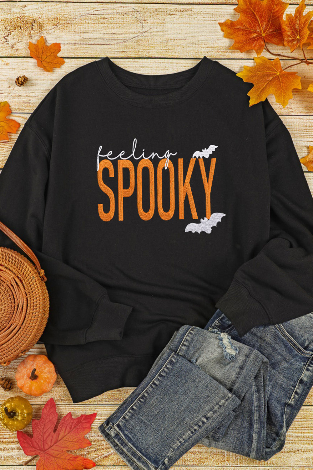 Black Feeling Spooky Halloween Embroidered Graphic Baggy Sweatshirt c21761b91a6d1b76