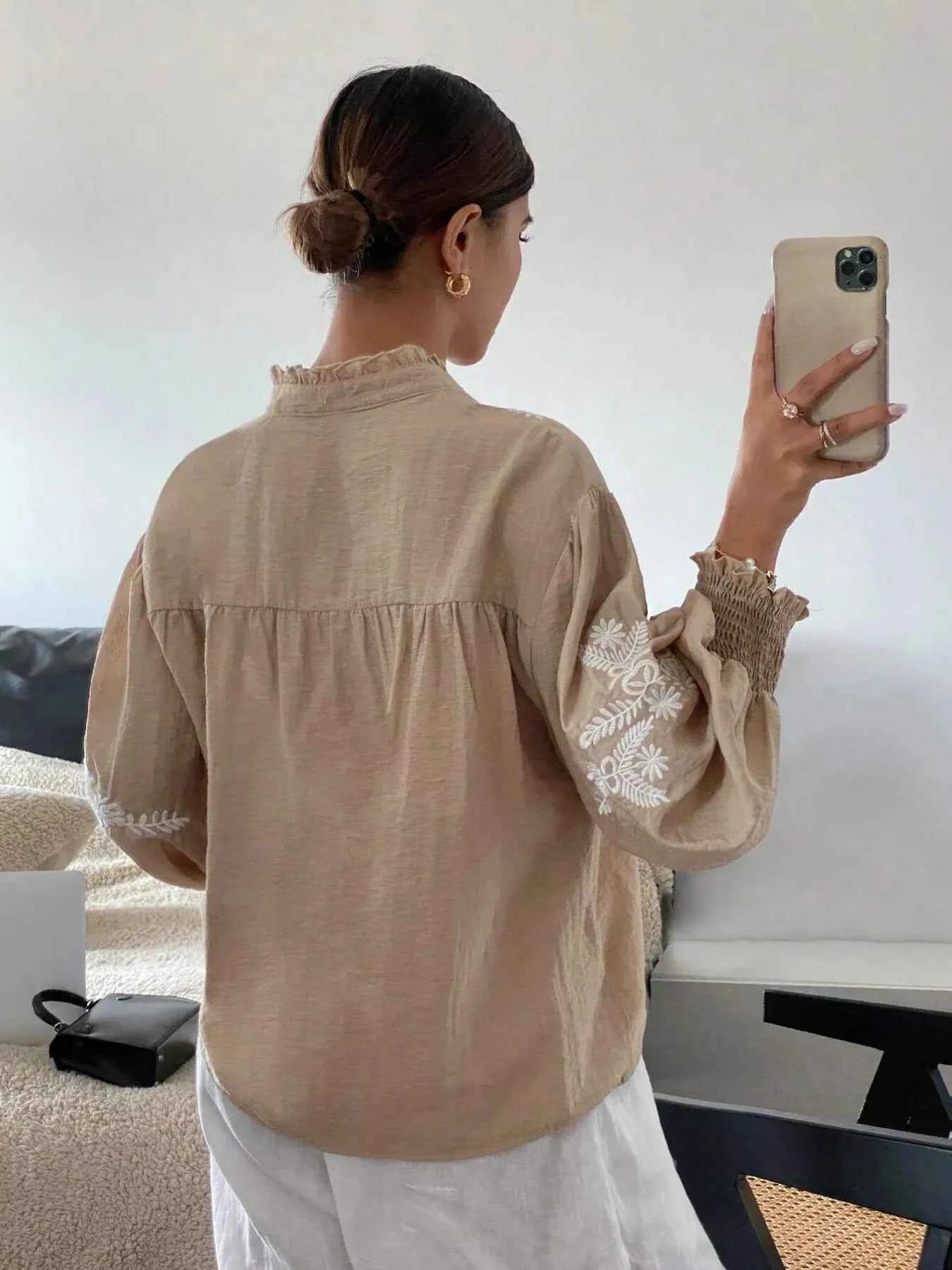 Embroidered Lantern Sleeve Blouse c217e2f6bb804cbc96628d0fb6aa9db8-Max-Origin