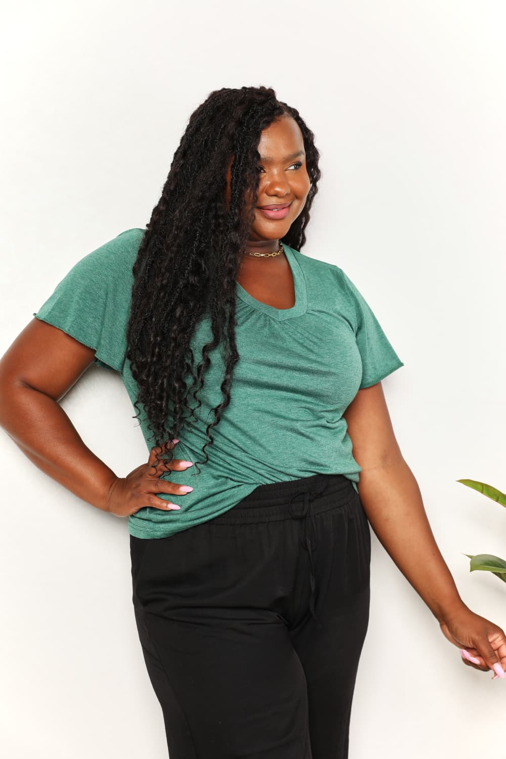 Double Take Ruched V-Neck Short Sleeve T-Shirt c21e9f49d70a4da8a0343e9dcd59ddb4-Max