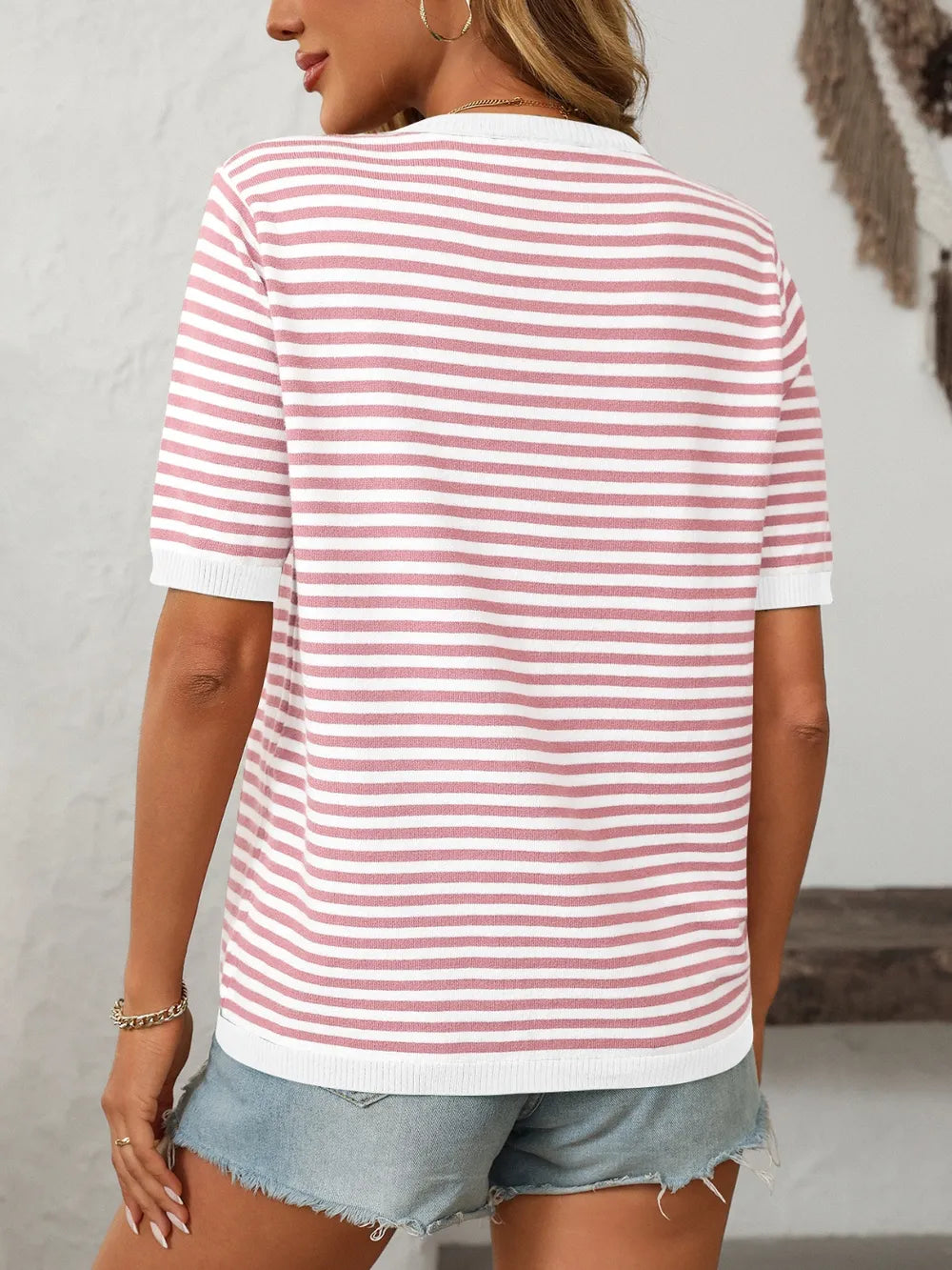 Mandy Striped Round Neck Half Sleeve Knit Top c2201cd6-5420-4dca-818b-e30b613574fe-Max