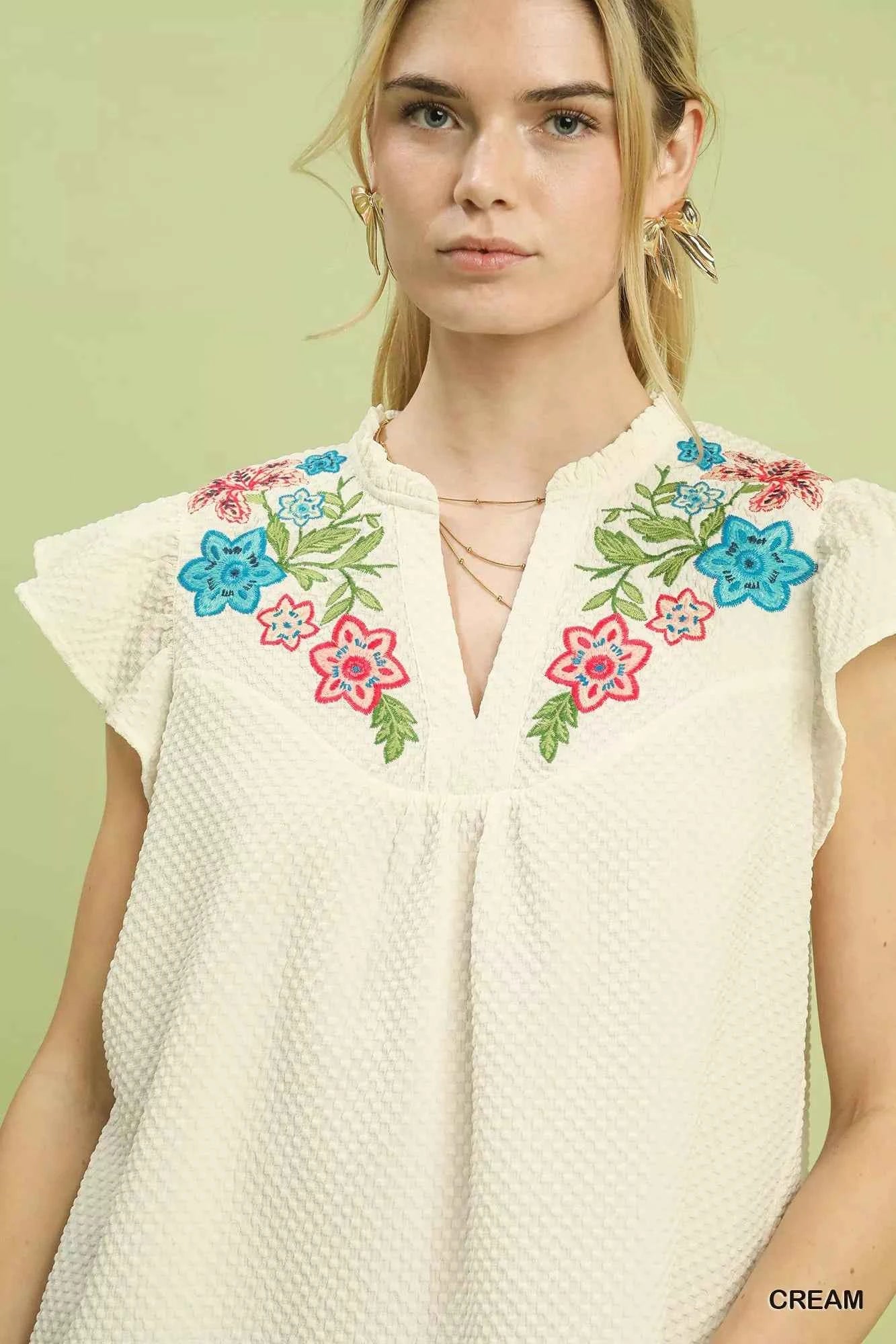 Umgee Embroidered Flutter Sleeve Blouse c2232229-518d-4e82-88ae-1608b897e07e-Max-Origin