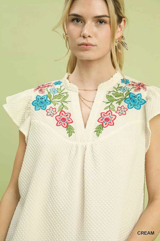 Embroidered Flutter Sleeve Blouse c2232229-518d-4e82-88ae-1608b897e07e-Max-Origin
