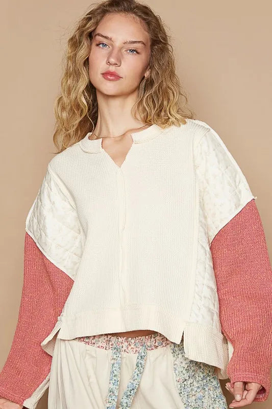 POL Waffle-Knit Contrast Notched Long Sleeve Knit Top Cream multicolor c22540f7-7a3e-49b4-98c2-146908b61717-Max