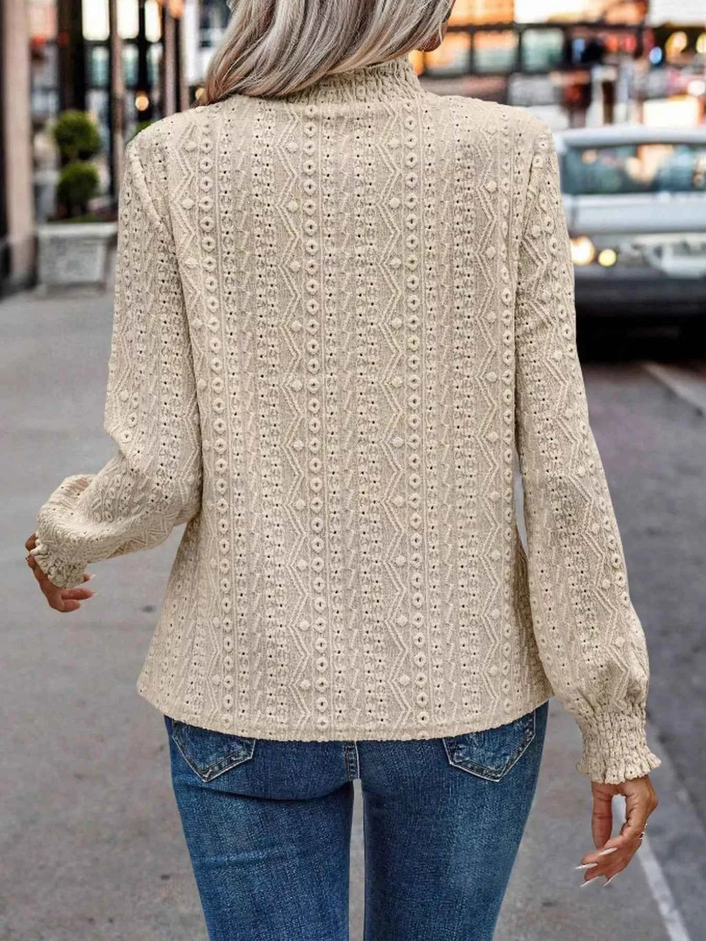 Texture Mock Neck Long Sleeve Blouse c22dbb326e19462cb77fc33aaa465efd-Max-Origin