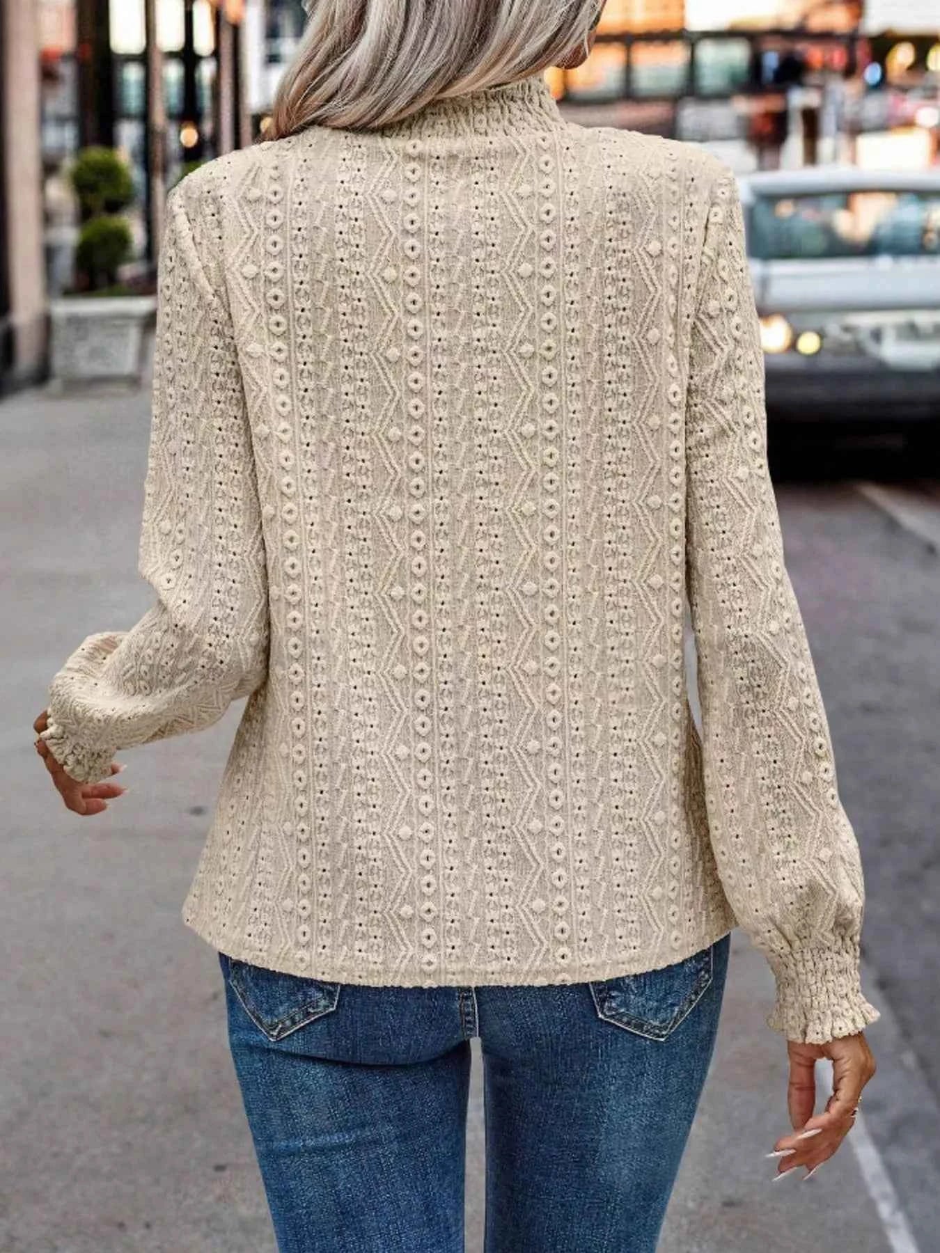 Texture Mock Neck Long Sleeve Blouse c22dbb326e19462cb77fc33aaa465efd-Max-Origin