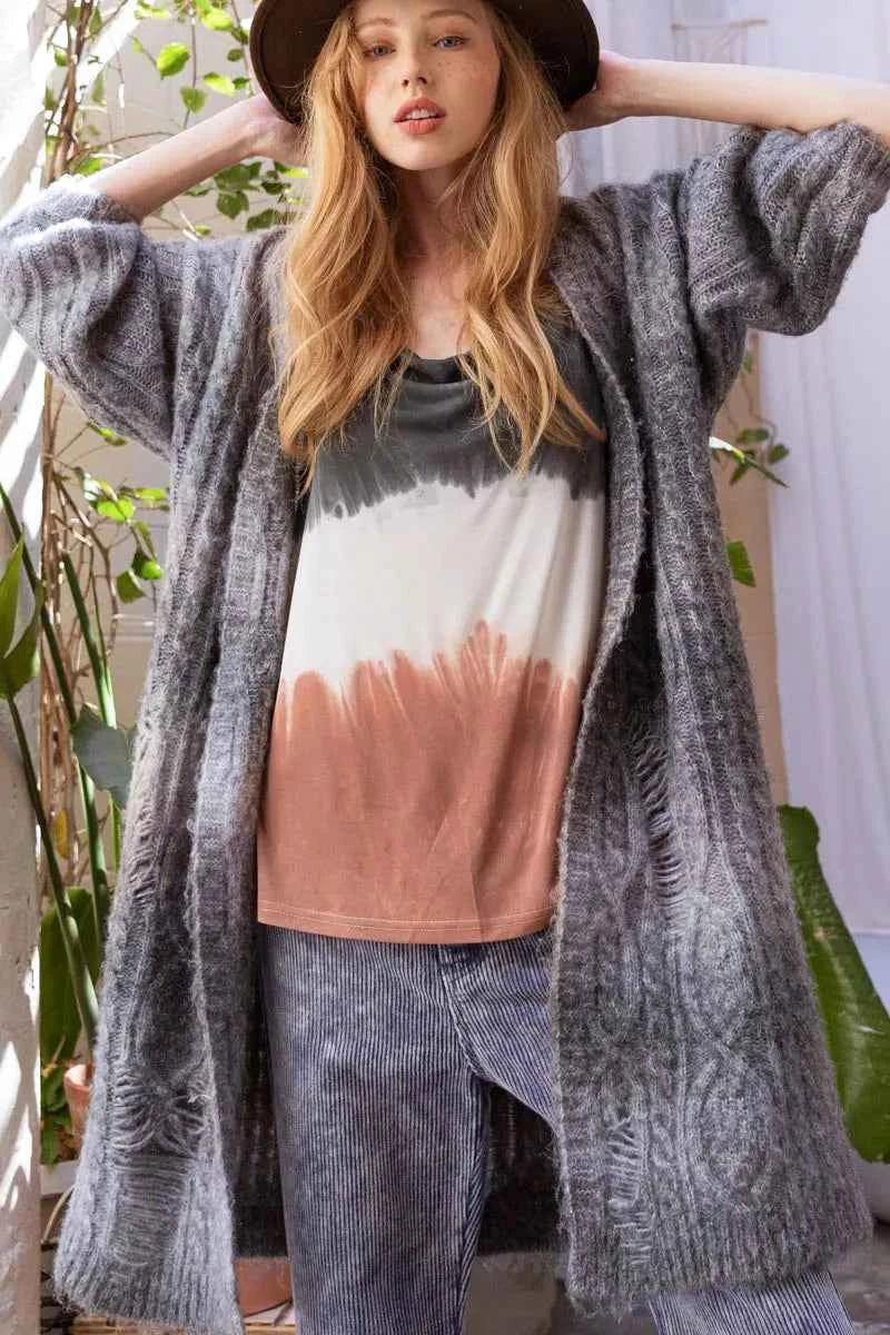 POL Distressed Cable-Knit Ombre Dying Cardigan