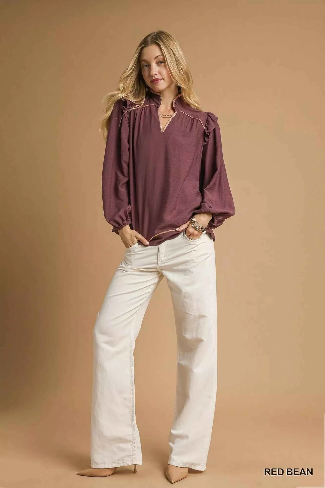 Umgee Ruffle Shoulder Long Sleeve Blouse c2310cd8-a8f1-4ad7-9763-33227429f25d-Max-Origin