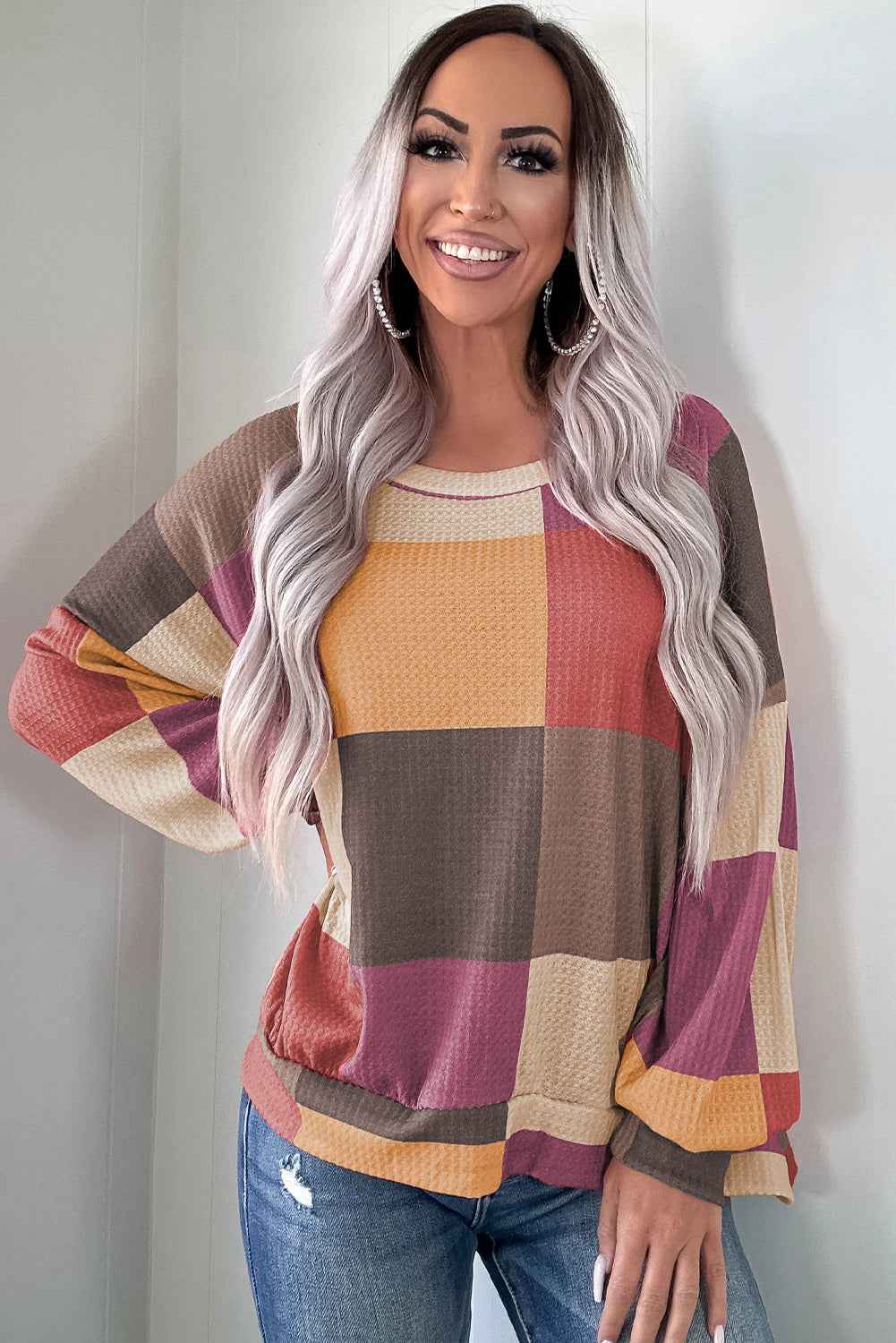 Green Checkered Print Textured Knit Long Sleeve Loose Top c2326c5f81ddfc8c