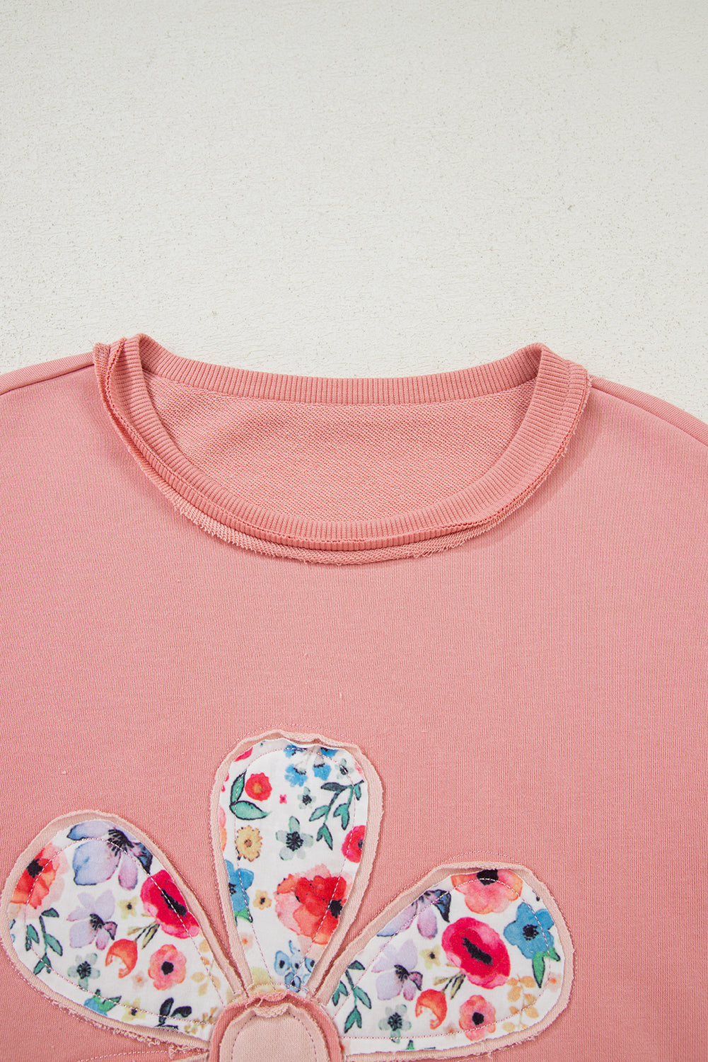 Peach Blossom Flower Applique Patchwork Drop Sleeve Pullover Sweatshirt c2335367b2375f30