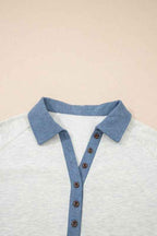 Denim Patchwork Polo Collar Long Sleeve Top c234d426-e6a0-4b5c-bee7-f32acc5b45c3