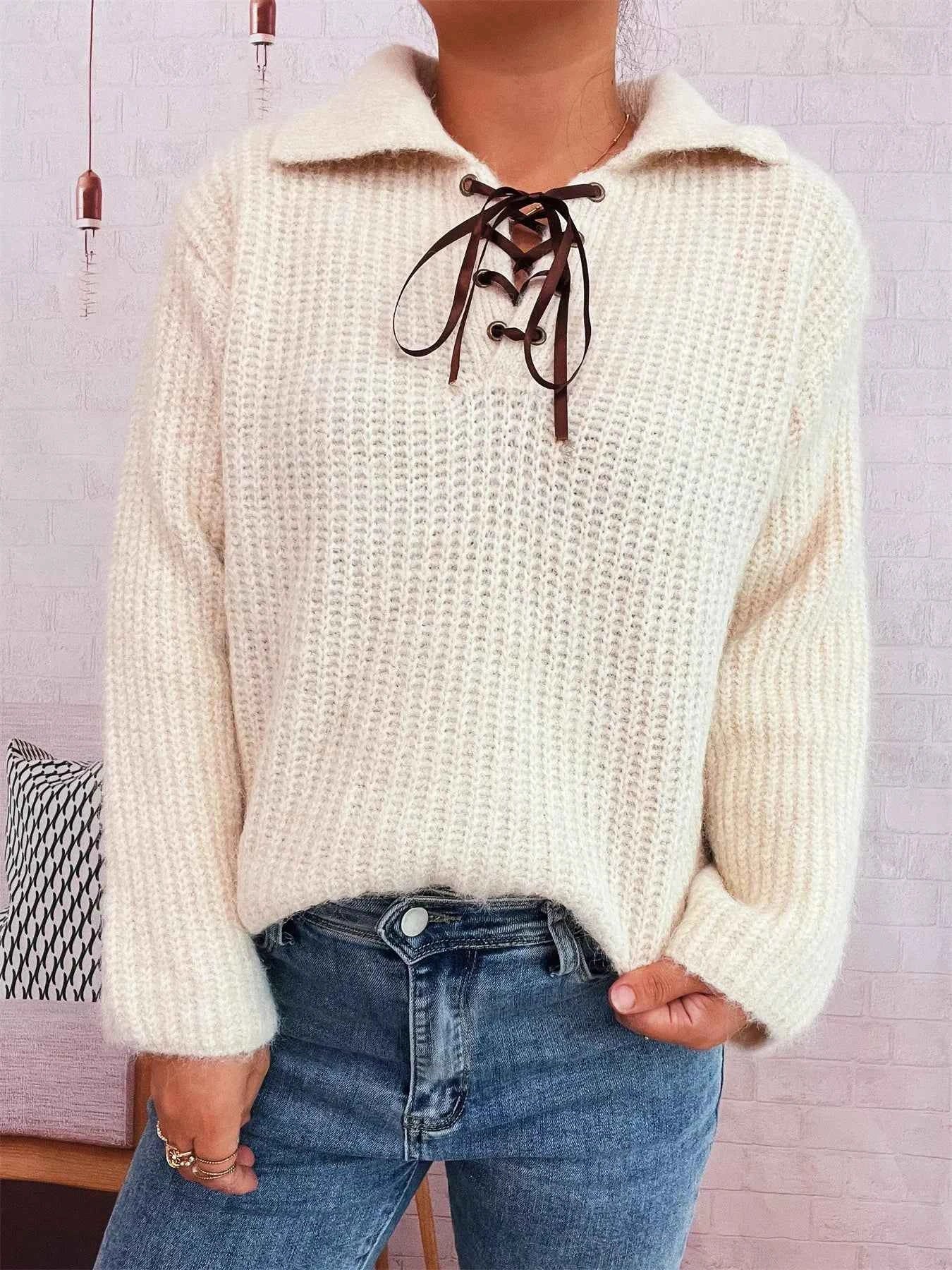 Lace Up Long Sleeve Sweater c23803cf0cbe4b2291df7da938d98b69-Max-Origin