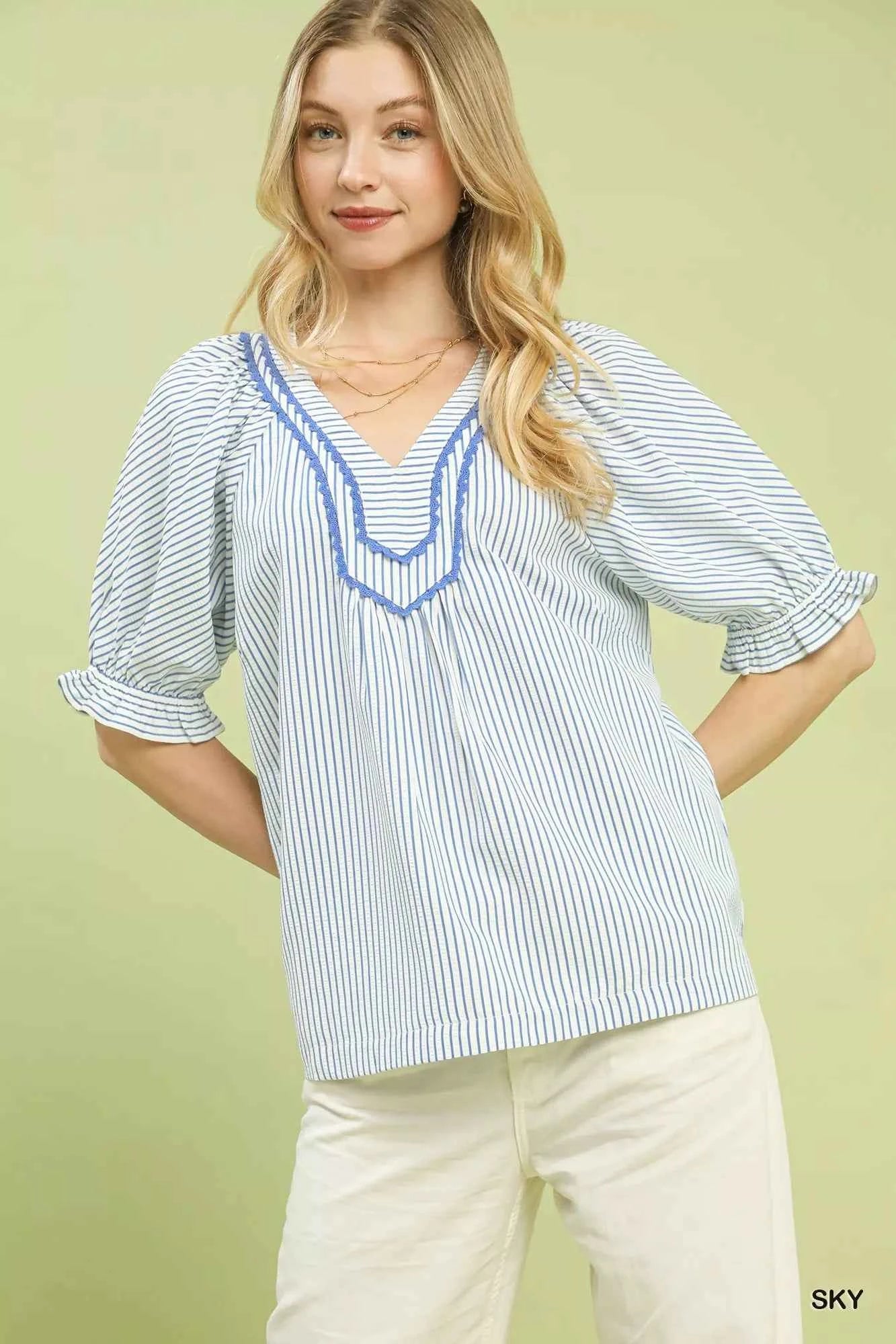 Umgee Stripe V-Neck Blouse SKY c23c3c8e-3a0d-458e-8a9e-05b1af752442-Max-Origin