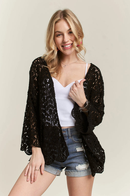 ADORA Leaf Pattern Crochet Cardigan BLACK
