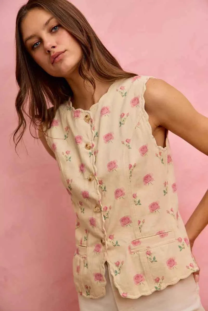 SO ME Floral Rose Cotton Twill Scallop Button Vest Top c24c879dd7374fa68a0d1f980e8c43d5-Max-Origin
