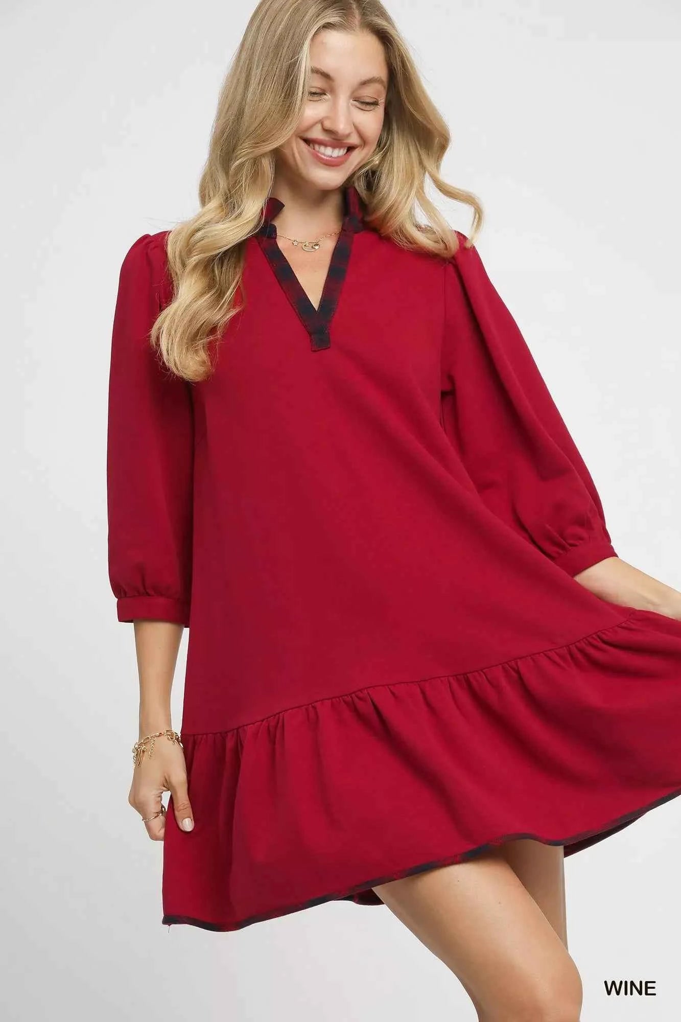 French Terry Ruffle Hem Dress with Plaid Trim WINE c25178da-3f3e-4d26-acce-c45fbc6e2ac4-Max-Origin