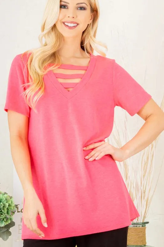 Heimish Full Size V-Neck Short Sleeve T-Shirt with Bar Detail Plus Size c256dce7-9785-4298-9b44-6c7e32fb9f6a-Max