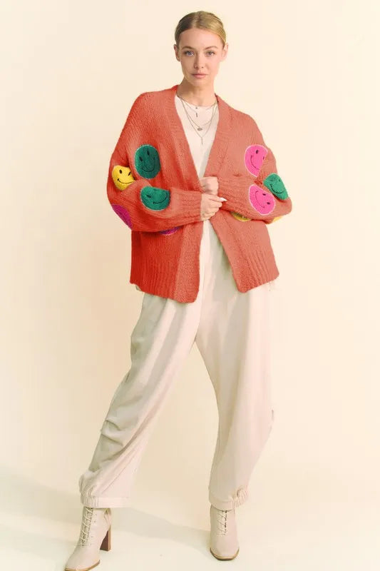 Davi & Dani Fuzzy Smile Open Front Long Sleeve Cardigan c2579efa-e51c-4894-ab6b-b2657c8ca666-Max