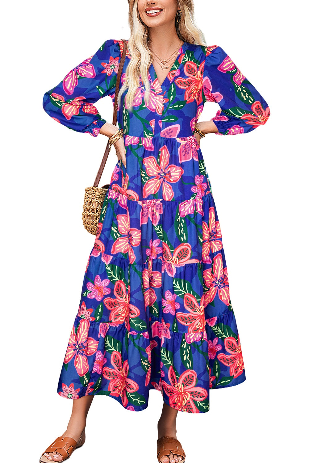 Blue Bohemian Floral Print Three Quarter Sleeve Tiered Maxi Dress c25ba6794cfe64bf
