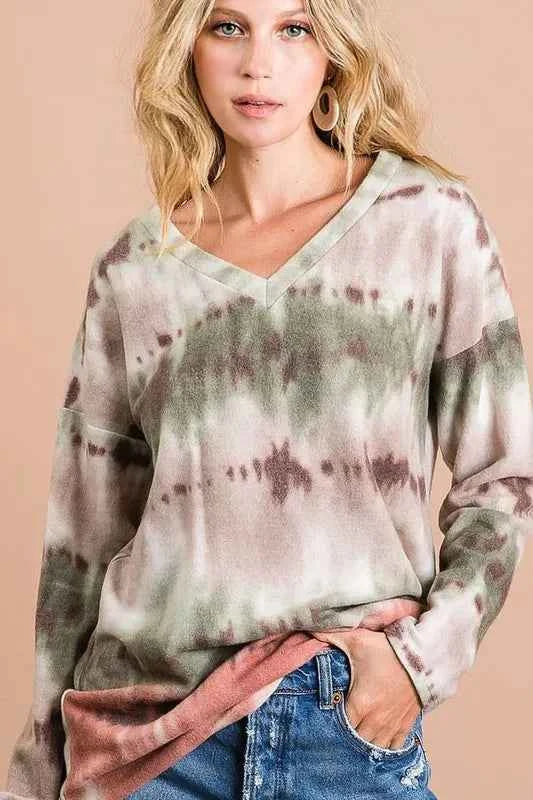 Brushed Tie Dye Looking Print V Neck Top c25ce8a921664dddbda1cfe56ca345ac-Max-Origin