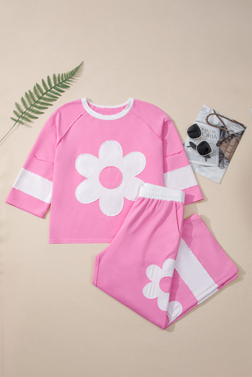 Orchid Bouquet Flower Patched Raw Seam Colorblock Loose Pants Set c2613e763b4a8750