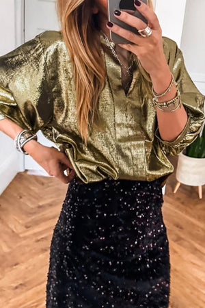 Gold Metallic Split Neck Half Sleeve Blouse Gold 100%Polyester c262b16ac572de4b