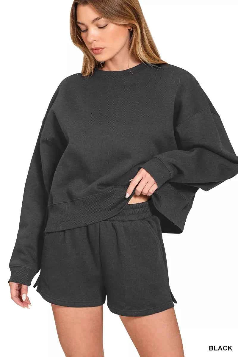 Zenana Fleece Round Neck Sweatshirt and Shorts Set Black c262fc9f-d857-4b81-b3c8-fdb18720e1b4-Max-Origin