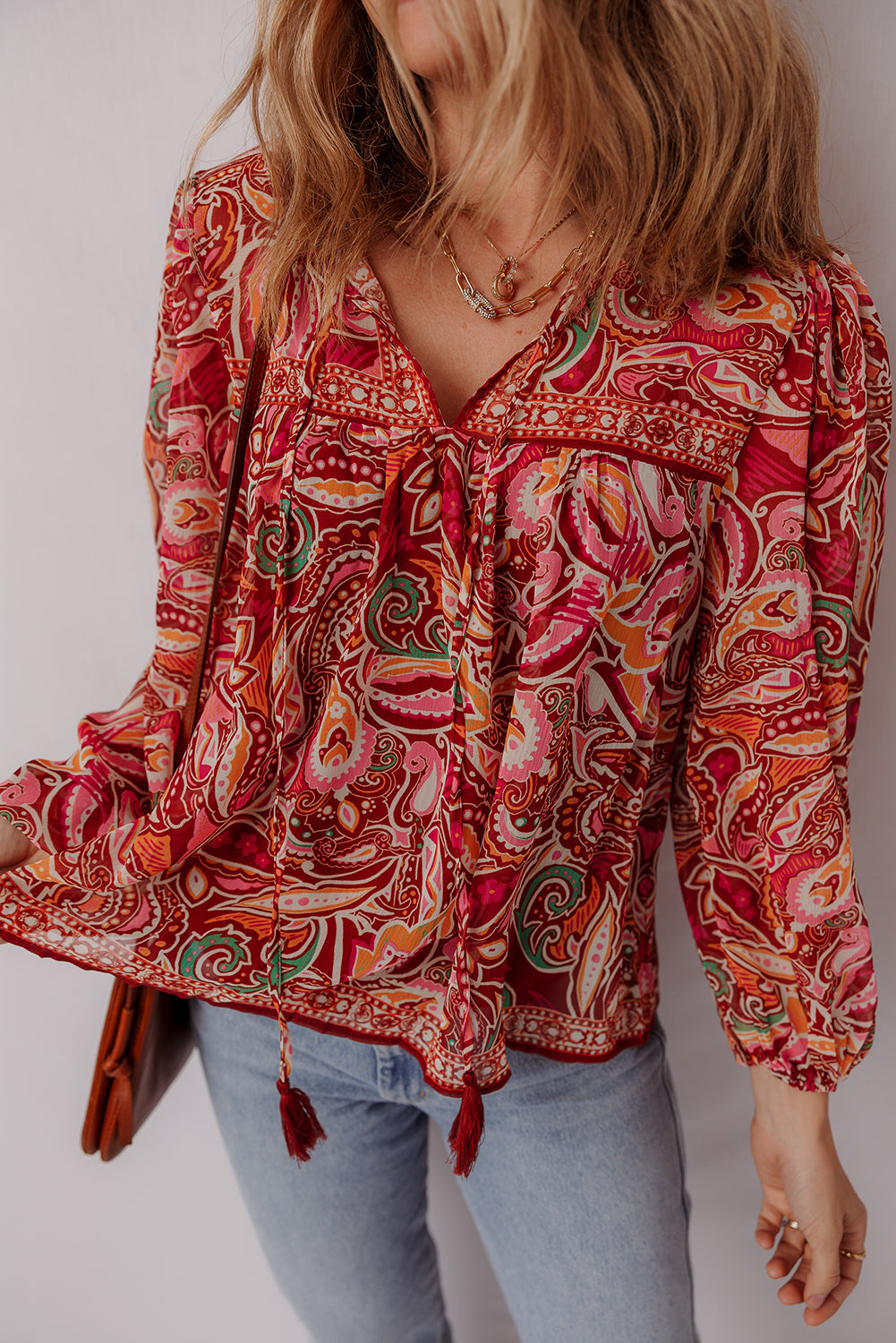 Multicolour Ethnic Paisley Print Tassel Tie Puff Sleeve Boho Blouse c2652f152b36f8bf