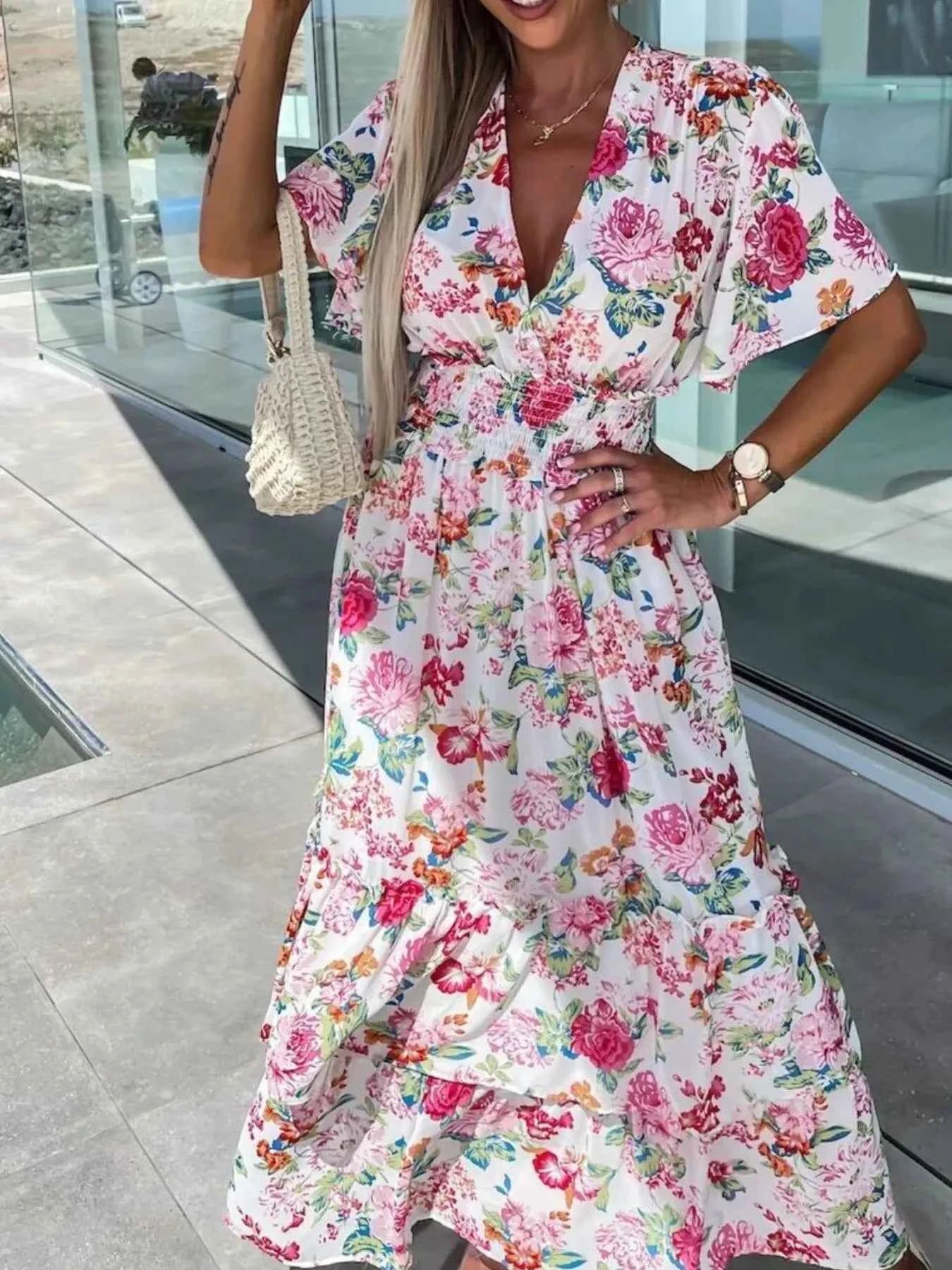 Floral Print Flutter Sleeve Maxi Dress White c2682522-a59c-4845-bfd7-5bfd7a2fb2b0-Max-Origin
