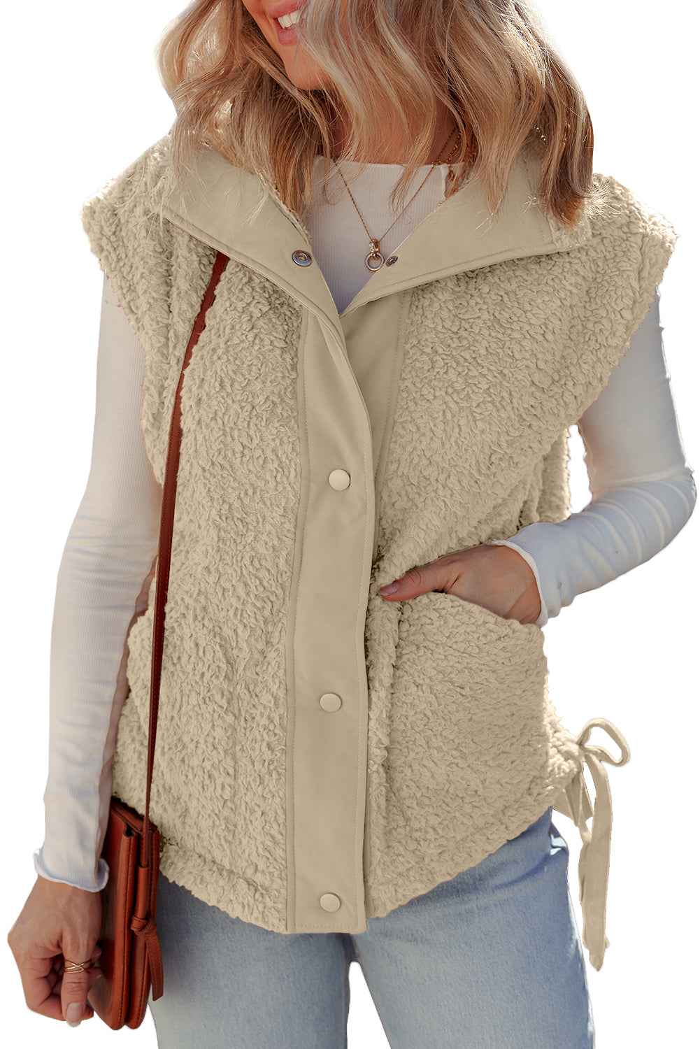 Beige Faux Fur Snap Button Front Knot Side Plush Vest c268d9a2f7c1fca5