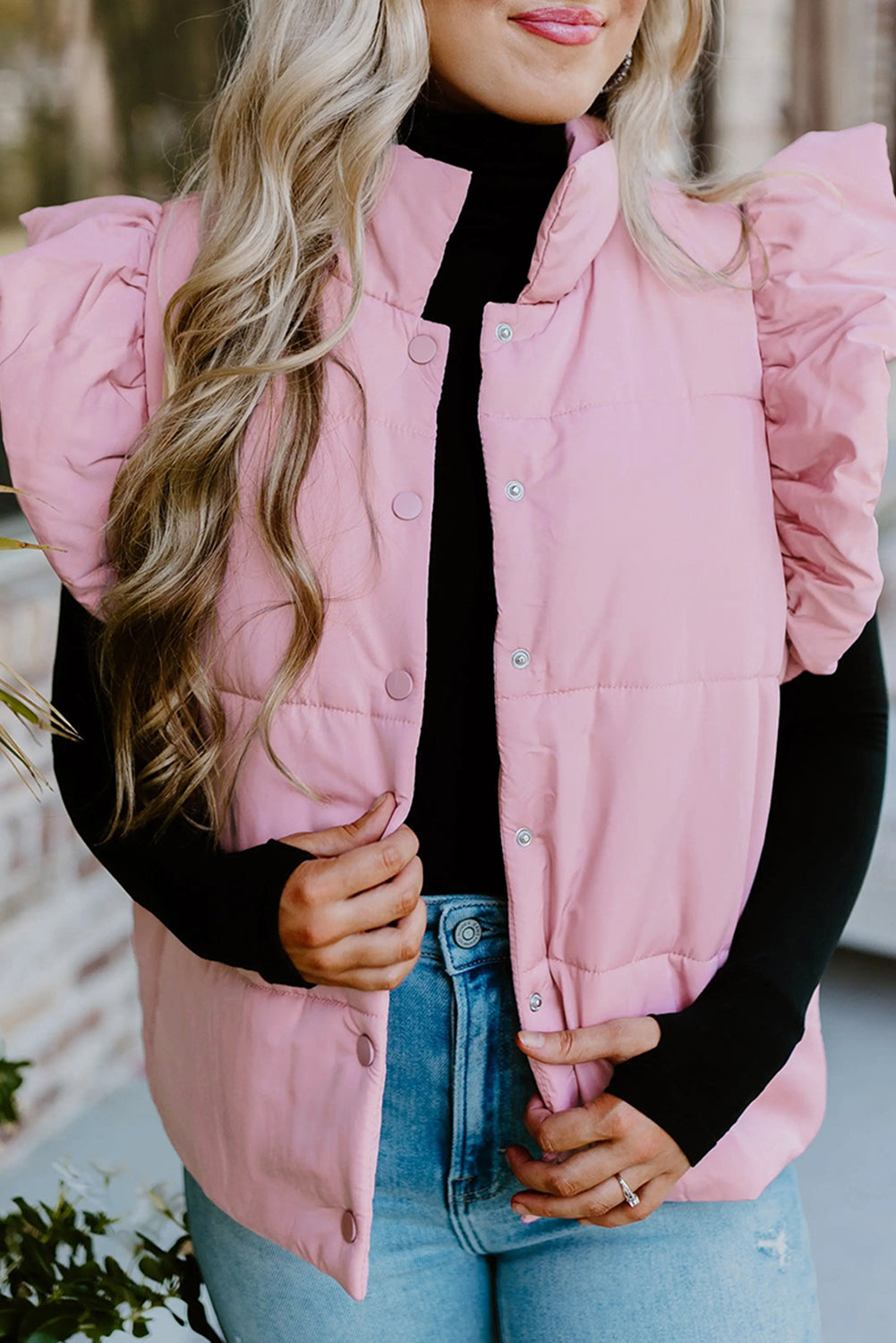 Pink Stand Neck Flutter Sleeve Snap Button Puffer Vest c26994ac849aef36