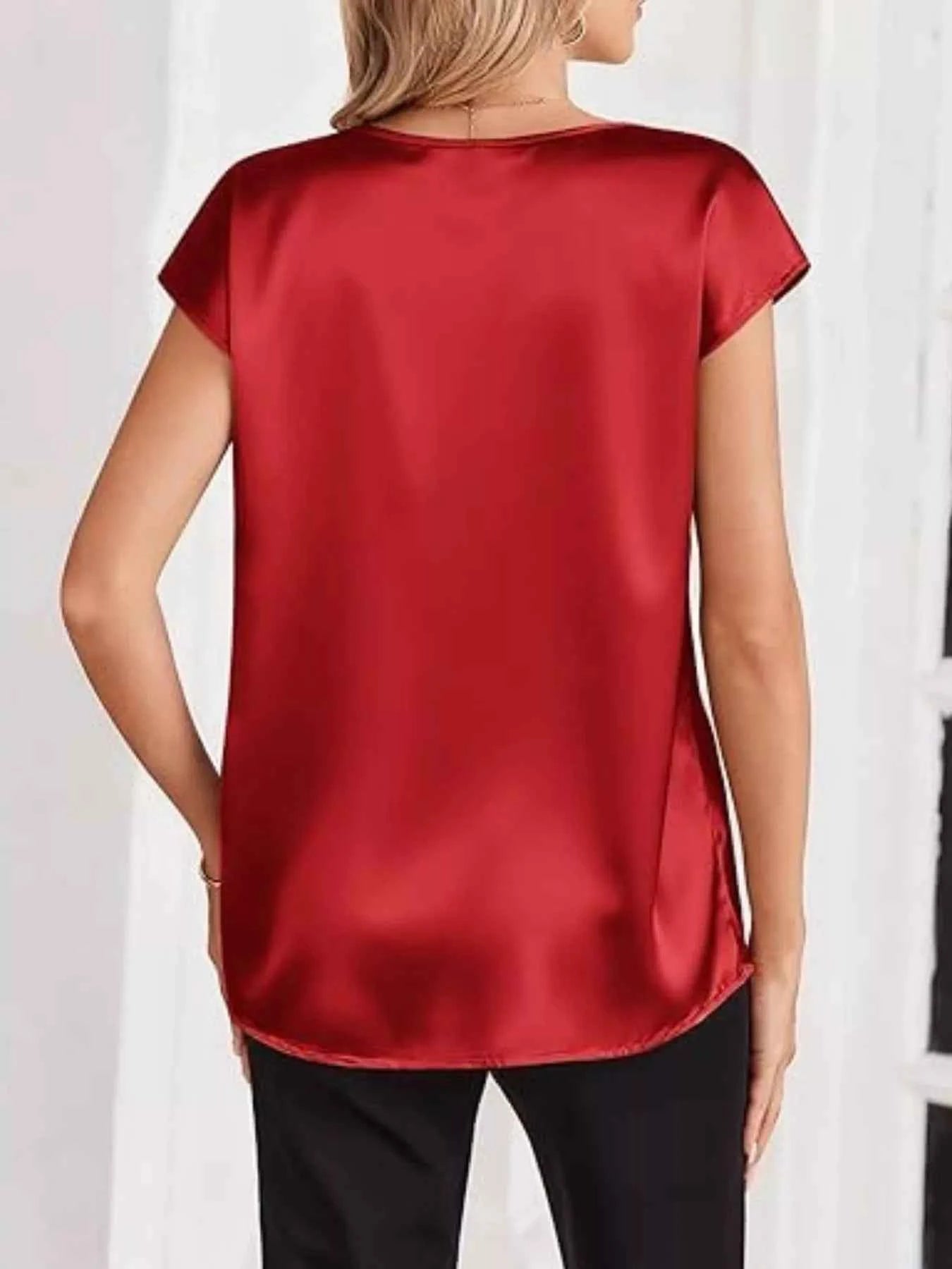 Satin V-Neck Short Sleeve Blouse c26ba500-06f9-481f-a992-3915703bb7ff-Max-Origin