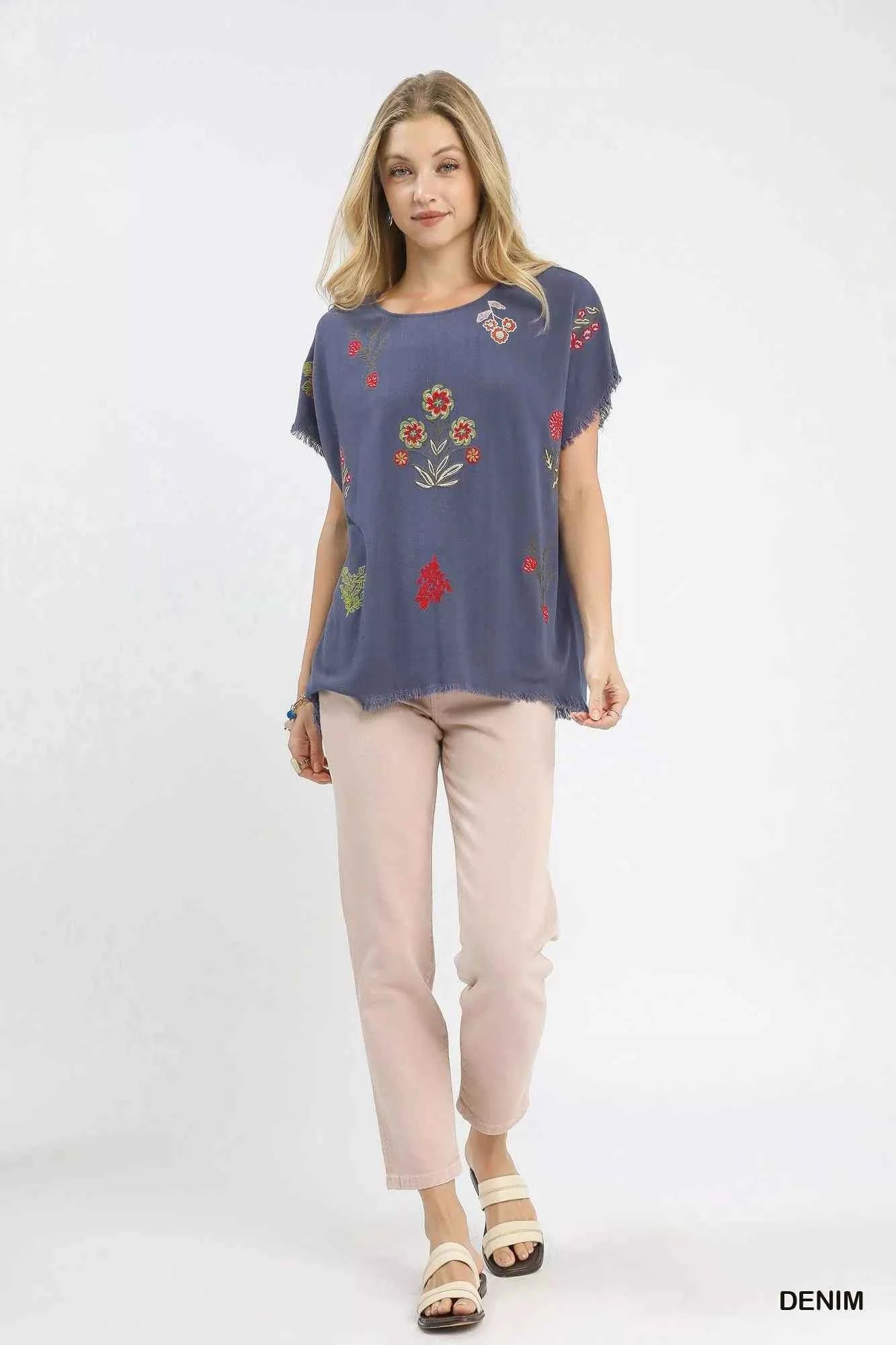 Linen Blend Embroidered Frayed Hem Top c26c7bf8-3802-4ccc-a029-c6a087e626d1-Max-Origin
