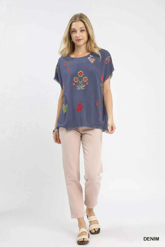 Linen Blend Embroidered Frayed Hem Top c26c7bf8-3802-4ccc-a029-c6a087e626d1-Max-Origin