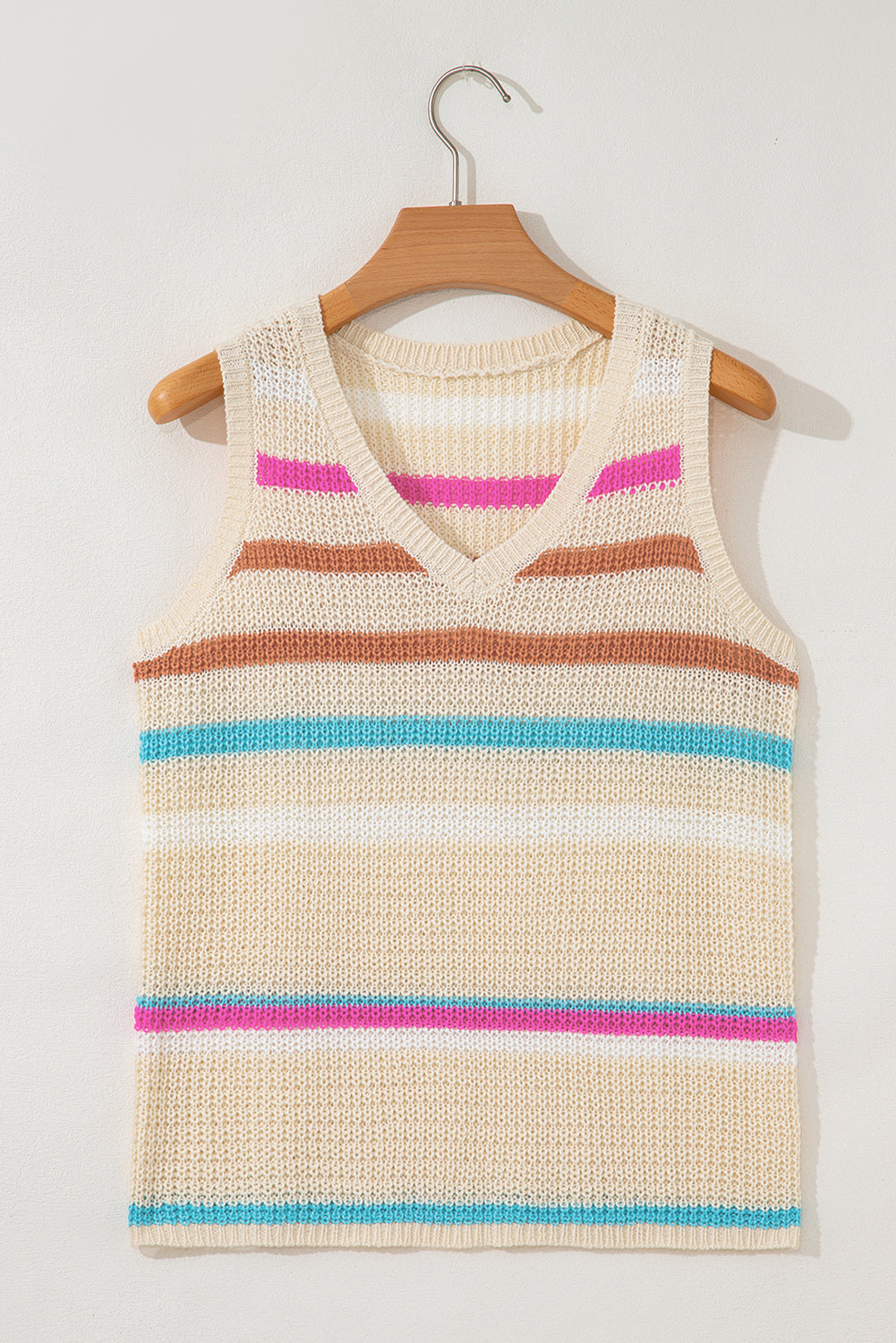 Khaki Stripe V Neck Textured Knit Vest c26cc8132f2ad5c9